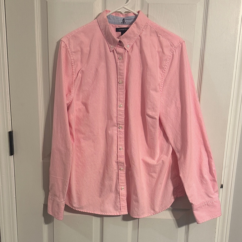 Lands' End Pink and White Striped Button Down